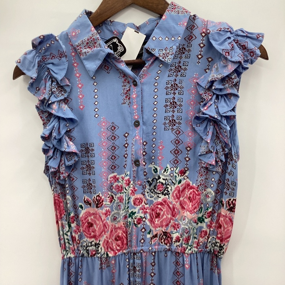 Angie Blue and Pink Floral Patterned Dress with Ruffle Sleeves - Picture 4 of 10